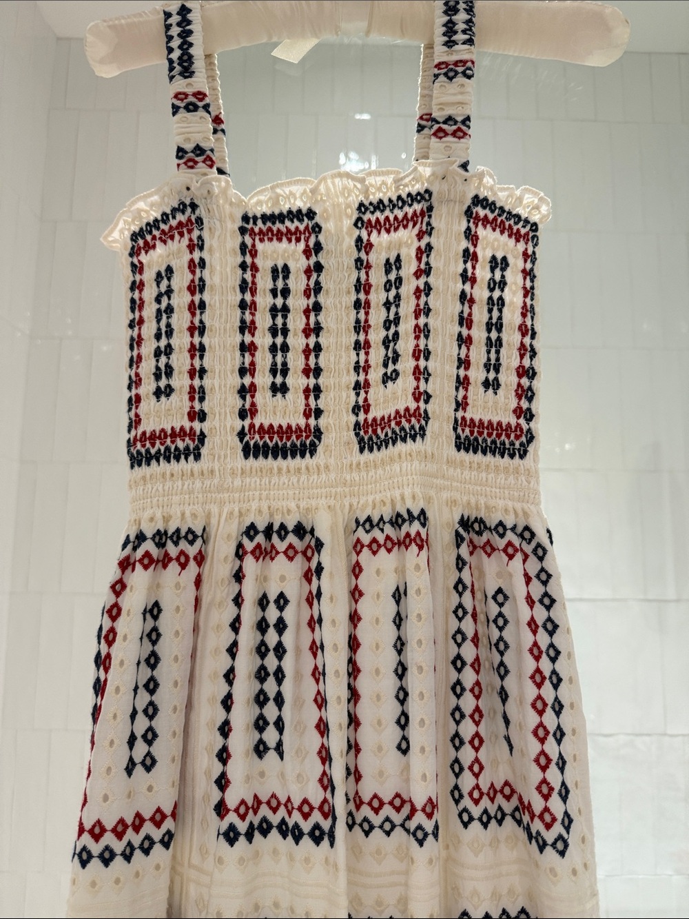 Hill House Anjuli Nap Dress with Eyelet detail of Red & Navy Embroidery - Picture 2 of 7